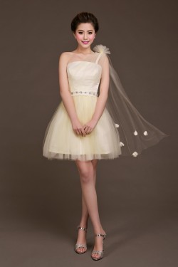 A-Line One-Shoulder Beaded Tulle Short Bridesmaid Dresses/Evening Dresses BD010617