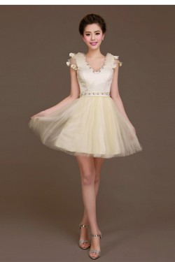A-Line Beaded Tulle Short V-Neck Bridesmaid Dresses/Evening Dresses BD010619