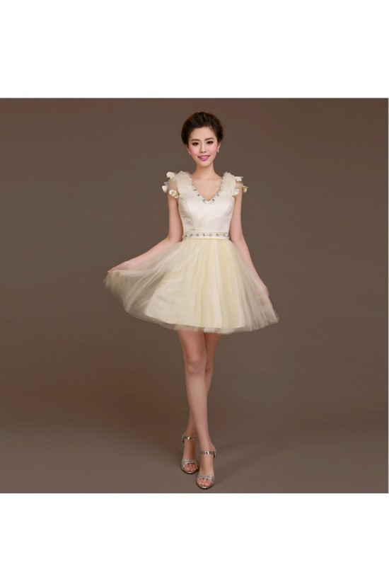 A-Line Beaded Tulle Short V-Neck Bridesmaid Dresses/Evening Dresses BD010619
