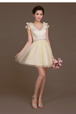 A-Line Beaded Tulle Short V-Neck Bridesmaid Dresses/Evening Dresses BD010619