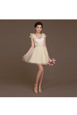 A-Line Beaded Tulle Short V-Neck Bridesmaid Dresses/Evening Dresses BD010619