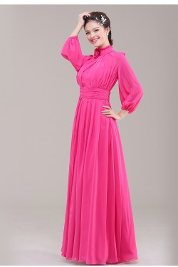 A-Line High Neck Long Sleeve Pink Chiffon Bridesmaid Dresses/Evening Dresses BD010622