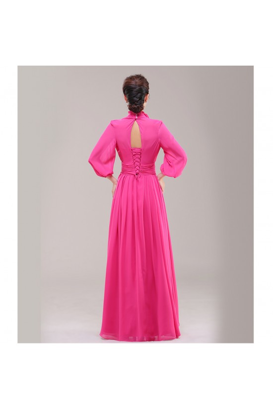 A-Line High Neck Long Sleeve Pink Chiffon Bridesmaid Dresses/Evening Dresses BD010622