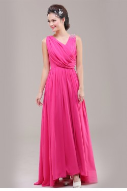 A-Line V-Neck Beaded Chiffon Long Pink Bridesmaid Dresses/Evening Dresses BD010627