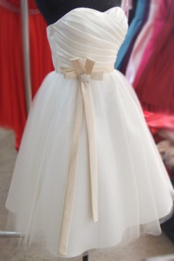 A-Line Strapless Short Satin and Tulle Bridesmaid Dresses/Evening Dresses BD010654