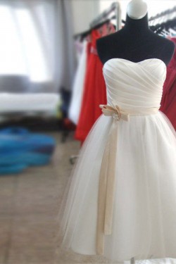 A-Line Strapless Short Satin and Tulle Bridesmaid Dresses/Evening Dresses BD010654