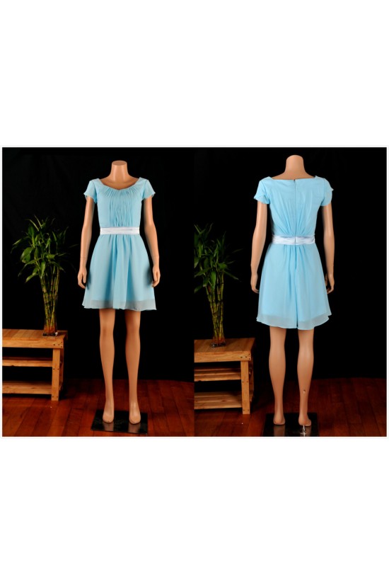 A-Line Short Sleeve Blue Chiffon Bridesmaid Dresses/Wedding Party Dresses BD010691