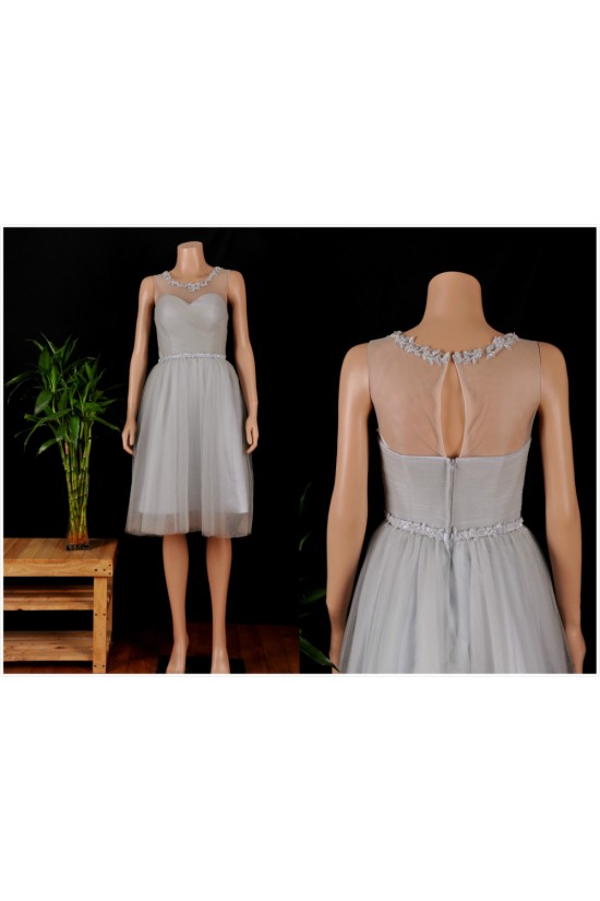 A-Line Short Grey Tulle Bridesmaid Dresses/Wedding Party Dresses BD010692