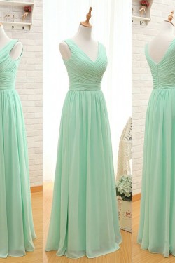 A-Line V-Neck Long Green Chiffon Bridesmaid Dresses/Wedding Party Dresses BD010707
