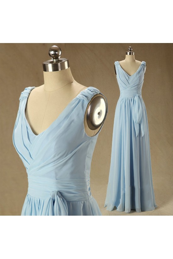 A-Line V-Neck Long Blue Chiffon Bridesmaid Dresses/Wedding Party Dresses BD010709
