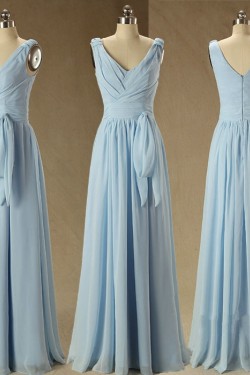 A-Line V-Neck Long Blue Chiffon Bridesmaid Dresses/Wedding Party Dresses BD010709