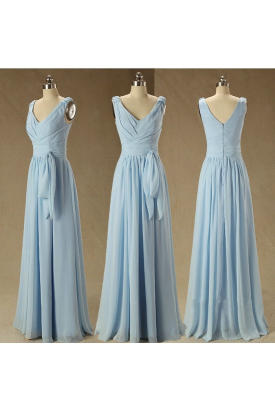 A-Line V-Neck Long Blue Chiffon Bridesmaid Dresses/Wedding Party Dresses BD010709