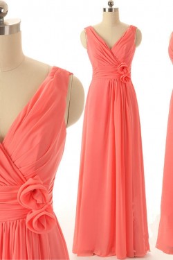 A-Line V-Neck Long Watermelon Chiffon Bridesmaid Dresses/Wedding Party Dresses BD010710