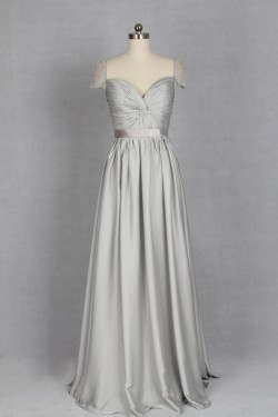 A-Line Sweetheart Cap Sleeve Long Grey Chiffon Bridesmaid Dresses/Evening Dresses BD010721