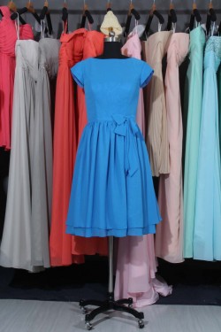 A-Line Bateau Short Sleeve Chiffon Bridesmaid Dresses/Wedding Party Dresses BD010735
