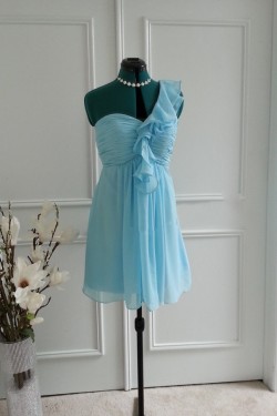A-Line One-Shoulder Short Blue Chiffon Bridesmaid Dresses/Wedding Party Dresses BD010765