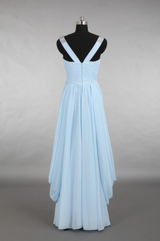 A-Line V-Neck Beaded Long Blue Chiffon Bridesmaid Dresses/Wedding Party Dresses BD010778