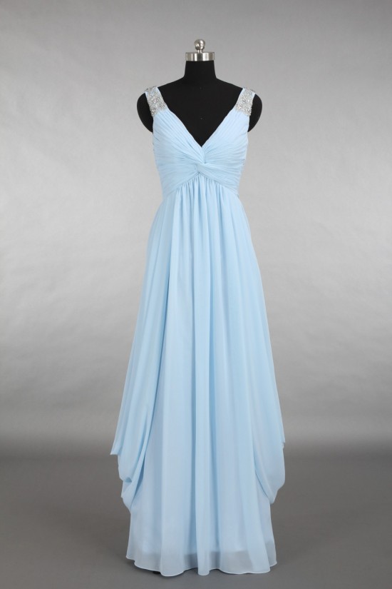 A-Line V-Neck Beaded Long Blue Chiffon Bridesmaid Dresses/Wedding Party Dresses BD010778