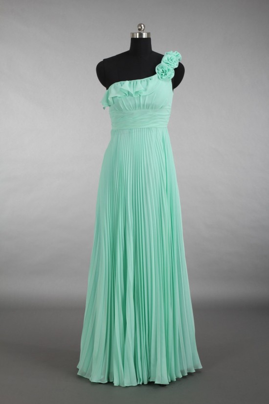 Empire One-Shoulder Pleated Long Green Chiffon Bridesmaid Dresses/Wedding Party Dresses/Maternity Dresses BD010786