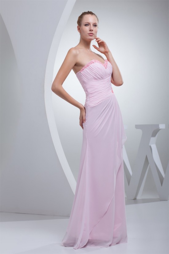 Beading Sweetheart Sleeveless Sheath/Column Long Pink Chiffon Bridesmaid Dresses 02010007