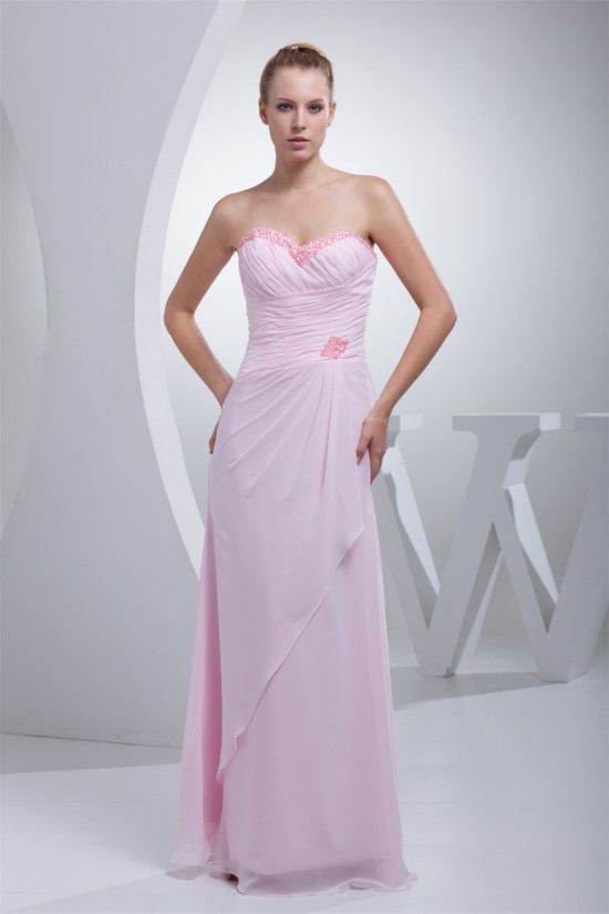 Beading Sweetheart Sleeveless Sheath/Column Long Pink Chiffon Bridesmaid Dresses 02010007