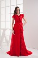 Brush Sweep Train V-Neck Chiffon Silk like Satin Long Red Bridesmaid Dresses with Sleeves 02010010