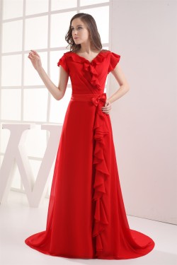 Brush Sweep Train V-Neck Chiffon Silk like Satin Long Red Bridesmaid Dresses with Sleeves 02010010