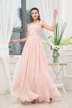A-Line One-Shoulder Floor-Length Long Pink Chiffon Bridesmaid Dresses 02010016