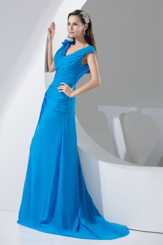 Chiffon V-Neck A-Line Handmade Flowers Long Blue Best Bridesmaid Dresses 02010018