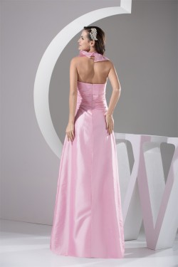 Floor-Length A-Line Halter Sleeveless Ruched Long Pink Bridesmaid Dresses 02010030