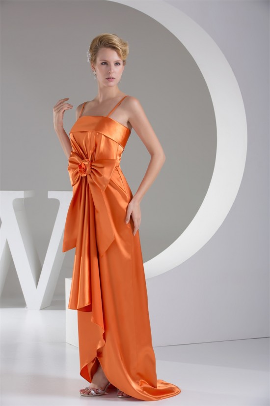 Handmade Flowers Silk like Satin Spaghetti Strap Long Bridesmaid Dresses 02010061