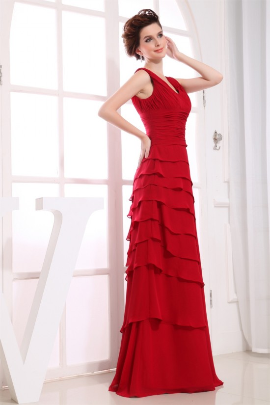 Illusion Sleeves A-Line Floor-Length V-Neck Long Red Chiffon Bridesmaid Dresses 02010062