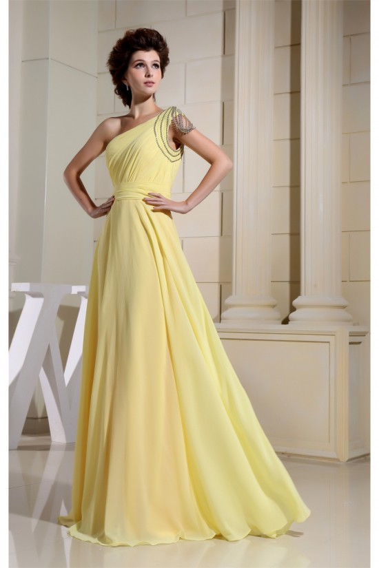 A-Line One-Shoulder Ruffles Floor-Length Chiffon Long Yellow Bridesmaid Dresses 02010072