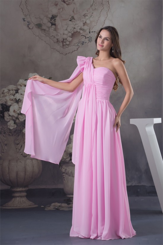One-Shoulder Sheath/Column Sleeveless Chiffon Long Pink Bridesmaid Dresses 02010073