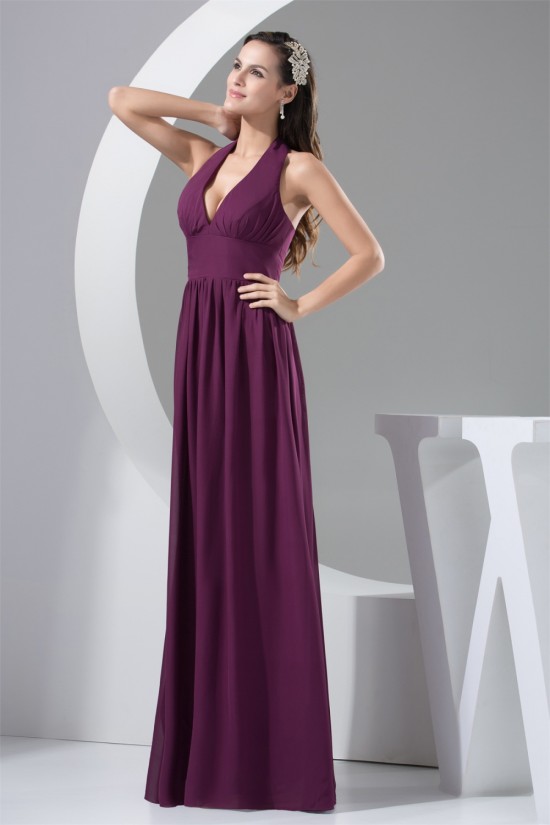 A-Line Ruffles Halter Floor-Length Chiffon Best Long Bridesmaid Dresses 02010081