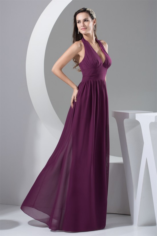 A-Line Ruffles Halter Floor-Length Chiffon Best Long Bridesmaid Dresses 02010081