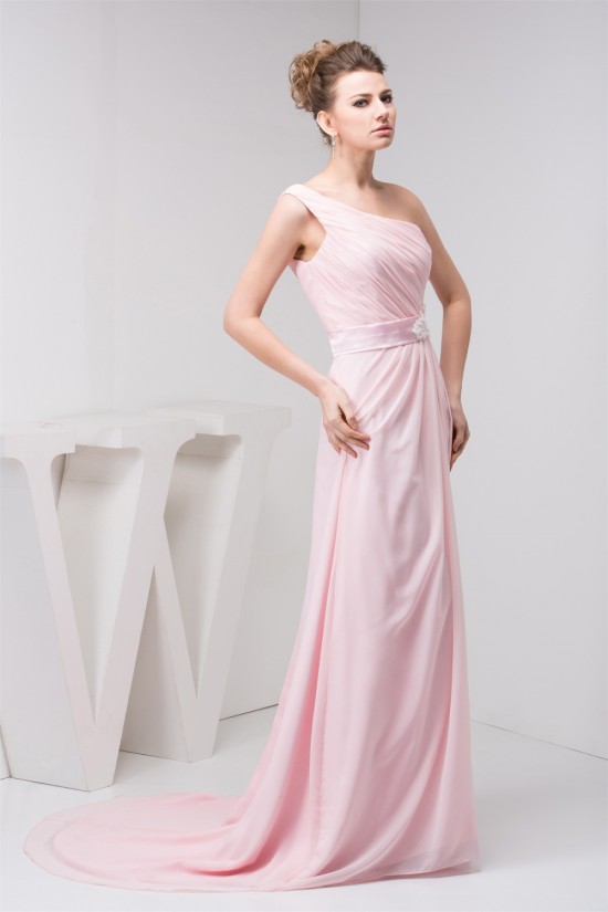 A-Line Beading Brush Sweep Train One-Shoulder Long Pink Chiffon Bridesmaid Dresses 02010089 A-Line Beading Brush Sweep Train One-Shoulder Long Pink Chiffon Bridesmaid Dresses 02010089