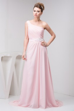 A-Line Beading Brush Sweep Train One-Shoulder Long Pink Chiffon Bridesmaid Dresses 02010089