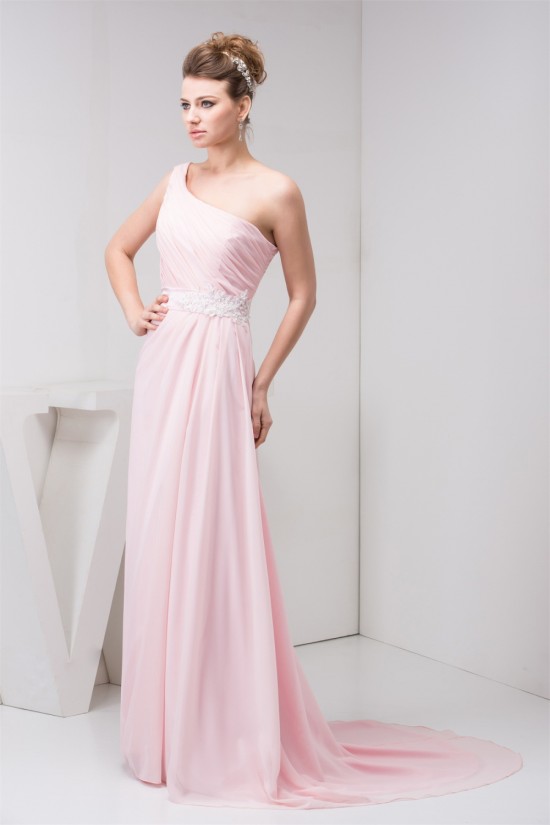 A-Line Beading Brush Sweep Train One-Shoulder Long Pink Chiffon Bridesmaid Dresses 02010089 A-Line Beading Brush Sweep Train One-Shoulder Long Pink Chiffon Bridesmaid Dresses 02010089