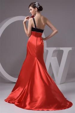 A-Line Silk like Satin Brush Sweep Train One-Shoulder Long Bridesmaid Dresses 02010091