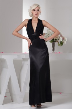 Halter Chiffon Silk like Satin Pleats Sheath/Column Long Black Bridesmaid Dresses 02010102