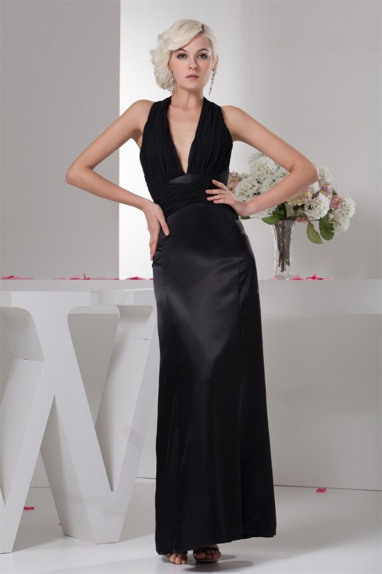Halter Chiffon Silk like Satin Pleats Sheath/Column Long Black Bridesmaid Dresses 02010102 Halter Chiffon Silk like Satin Pleats Sheath/Column Long Black Bridesmaid Dresses 02010102