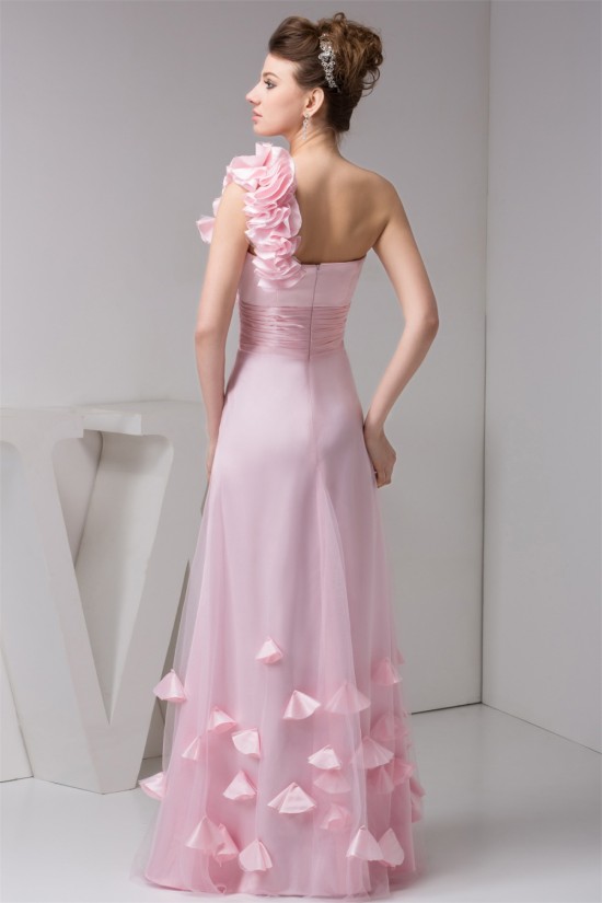 A-Line One-Shoulder Fine Netting Sleeveless Long Pink Bridesmaid Dresses 02010111