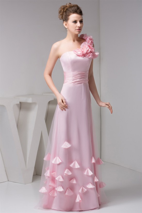 A-Line One-Shoulder Fine Netting Sleeveless Long Pink Bridesmaid Dresses 02010111