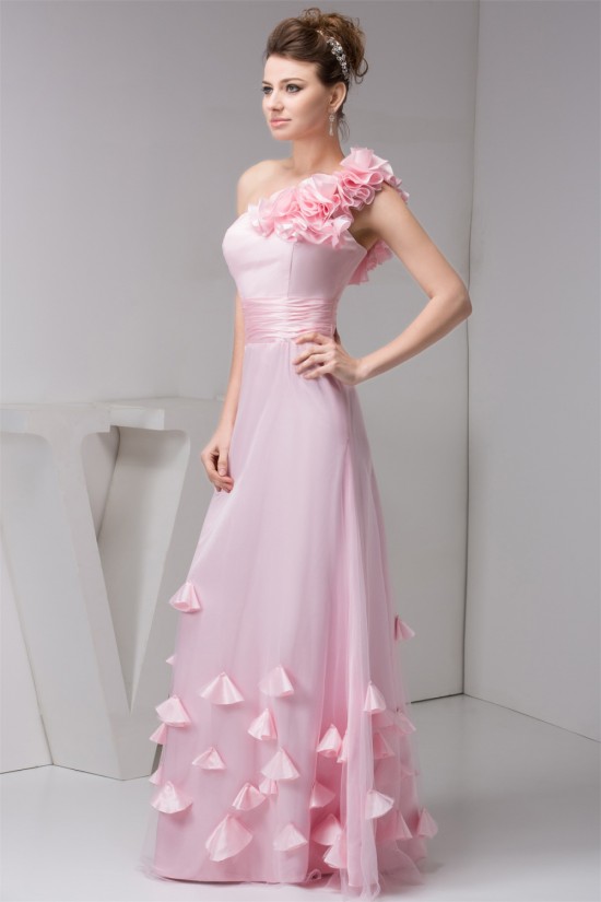 A-Line One-Shoulder Fine Netting Sleeveless Long Pink Bridesmaid Dresses 02010111