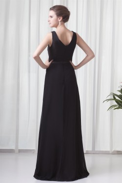 A-Line Chiffon Elastic Woven Satin Brush Sweep Train Long Black Bridesmaid Dresses 02010119
