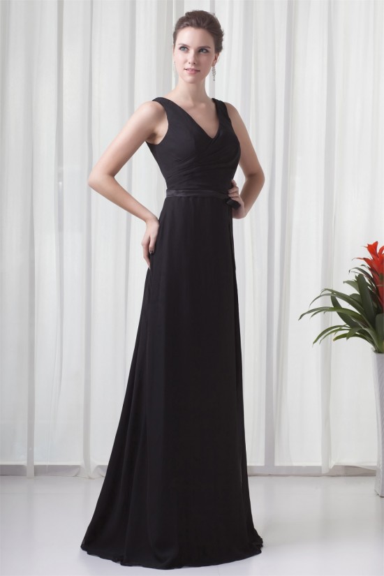 A-Line Chiffon Elastic Woven Satin Brush Sweep Train Long Black Bridesmaid Dresses 02010119