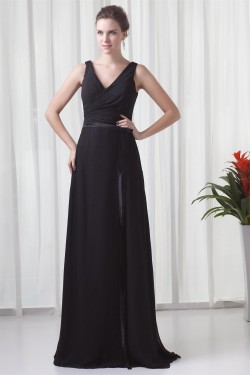 A-Line Chiffon Elastic Woven Satin Brush Sweep Train Long Black Bridesmaid Dresses 02010119