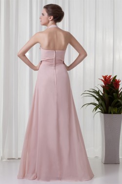 A-Line Sleeveless Floor-Length Ruched Halter Most Popular Long Bridesmaid Dresses 02010129