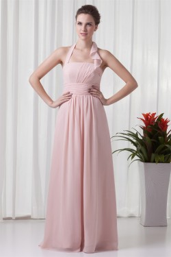 A-Line Sleeveless Floor-Length Ruched Halter Most Popular Long Bridesmaid Dresses 02010129